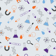 Colorful seamless science pattern featuring lab tools DNA atom magnet syringe and light bulb icons perfect for educational backgrounds school projects and scientific designs