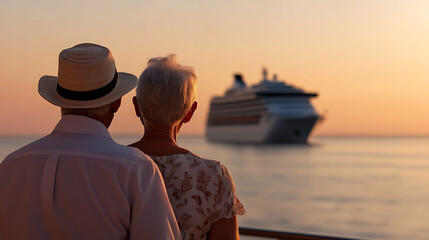 A couple enjoys a serene sunset cruise, watching the ocean as a large cruise ship sails into the distance. The warm sky radiates peace and adventure for the senior couple.