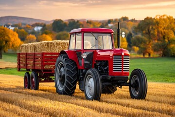 Obraz premium Red tractor pulling hay bales in autumn field