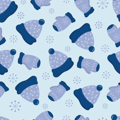 Cozy seamless winter pattern featuring blue hats and gloves decorated with snowflakes on soft light background perfect for fabric print wrapping paper and seasonal design projects