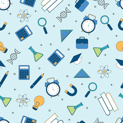 Colorful seamless education pattern featuring books calculator pencil and science tools on blue background perfect for school materials stationery wrapping paper and learning designs