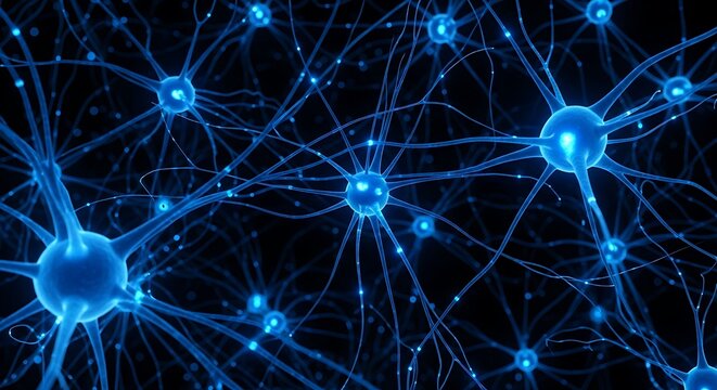 ASCII Art style Illustration of Neural Network over blue background. AI.