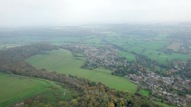 amazing aerial view Uley, Village in Cotswolds, near Dursley. Autumn Travel in United Kingdom