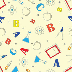 Colorful seamless school pattern featuring letters apples pencils books and lab flasks on light background perfect for educational materials wrapping paper fabric and classroom designs