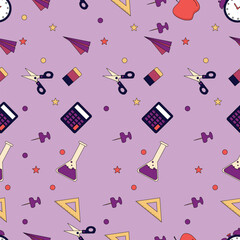 Colorful seamless school tools pattern featuring calculators scissors rulers flasks and pins on purple background perfect for education themes stationery wrapping paper and creative design projects