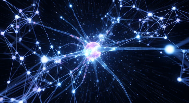Abstract depiction of a neuron with glowing blue connections and a central pink nucleus in dark space