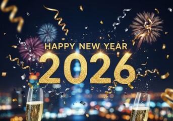 Celebrate happy new year 2026 with sparkling fireworks and city lights festivities