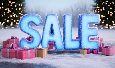 Snow-covered sale text standing on fresh snow, surrounded by gift boxes and blurred christmas trees. Promoting holiday discounts