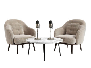 PNG of Cozy modern meeting space featuring two armchairs and a marble coffee table with microphones, perfect for discussions.