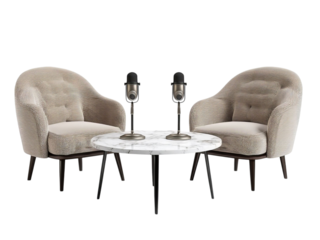 PNG of Cozy modern meeting space featuring two armchairs and a marble coffee table with microphones, perfect for discussions.