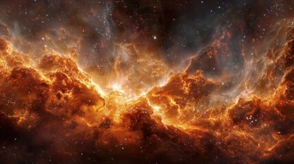 Fototapeta premium A vast, fiery cloud of gas and dust in space, with numerous stars scattered throughout. The orange hue of the cloud is striking and captivating, drawing the viewer's attention to its beauty