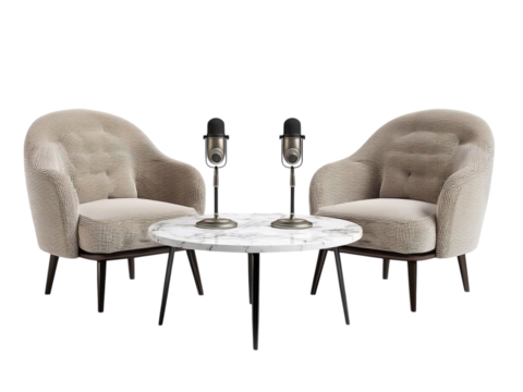 PNG of Cozy modern meeting space featuring two armchairs and a marble coffee table with microphones, perfect for discussions.