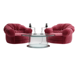 PNG of Two plush, pink velvet armchairs flanking a modern glass coffee table with microphones, ideal for an engaging conversation.