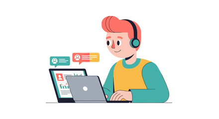 Online Work And Communication Illustrated with Headphones, Laptop Elements, And Chat Balloons