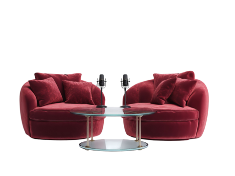 PNG of Elegant duo of plush red sofas with cozy cushions, paired with a sleek glass coffee table, creating a stylish living area. - Powered by Adobe