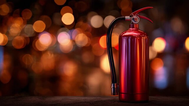 Red fire extinguisher on blurred background with warm bokeh lights safety equipment concept fire protection emergency prevention firefighting tool industrial security symbol