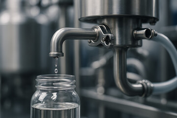 Stainless steel industrial pipe filling purified water into transparent glass jar, cleanroom manufacturing process, pharmaceutical and food grade liquid filtration, hygiene production factory backgrou