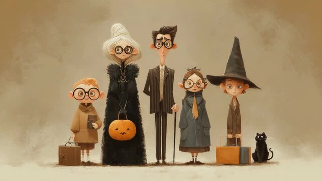 funny halloween family cartoon characters wearing costumes witch hat pumpkin bucket vintage style warm lighting 3d illustration concept of halloween celebration whimsical atmosphere