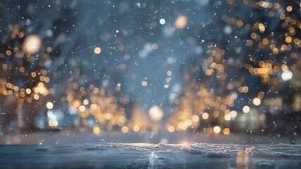 Snow falling on festive street with blurred bokeh lights winter night city atmosphere holiday background warm illumination snowfall cozy christmas season concept - Powered by Adobe
