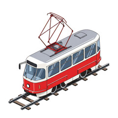 Fototapeta premium Classic red and white tram on railway tracks detailed isometric view transparent background