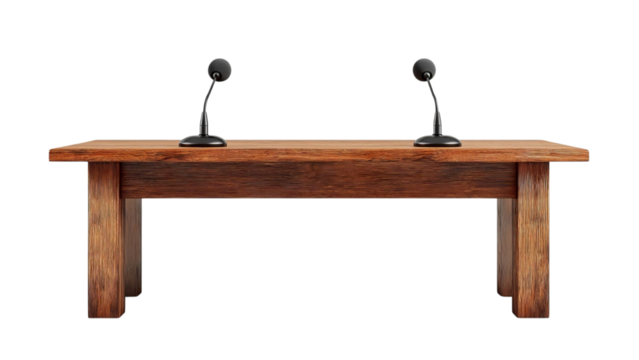 PNG of A wooden table with two microphones, ideal for formal discussions or presentations.