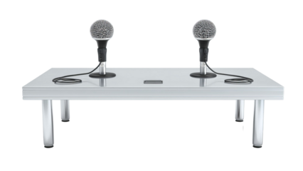 PNG of Two professional microphones on a sleek glass table, ready for an engaging discussion or performance.