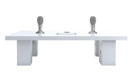 PNG of Stylish modern interview table with two microphones, perfect for podcasting or media discussions.