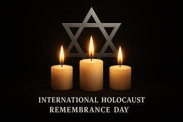 Somber and respectful commemorative poster for International Holocaust Remembrance Day with lit candles symbolizing memory, tragedy, and the fight against genocide.