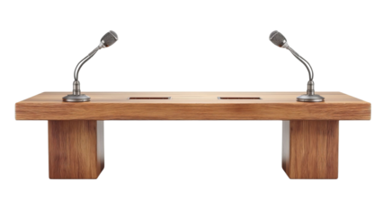 PNG of A modern wooden conference table with two adjustable microphones, ideal for meetings and presentations.