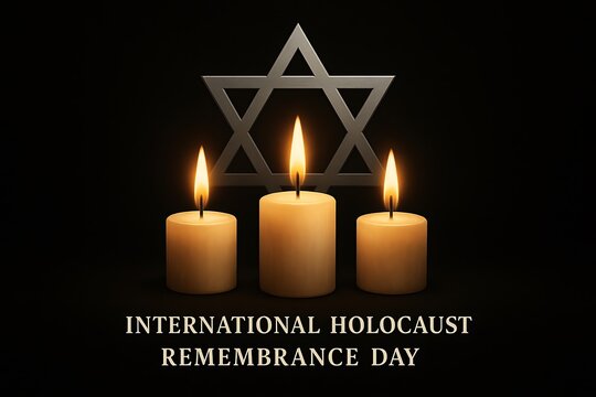 Somber and respectful commemorative poster for International Holocaust Remembrance Day with lit candles symbolizing memory, tragedy, and the fight against genocide.