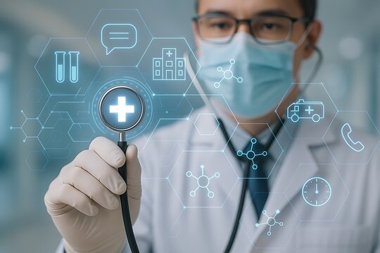 Telemedicine and hospital network with masked doctor using a stethoscope to interact with a digital healthcare interface and medical service icons - Powered by Adobe