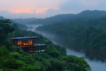 Modern glass house perched above a misty jungle river at dawn