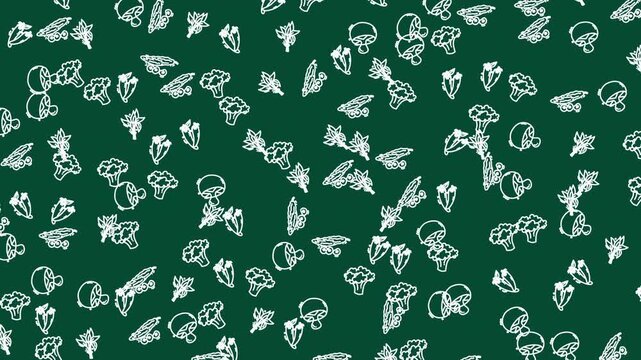 Seamless Pattern of Hand-Drawn Mushrooms and Herbs on Green Background, Graphic Illustration, Flat Design View for Creative Projects