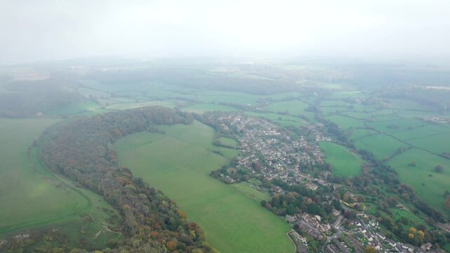 amazing aerial view Uley, Village in Cotswolds, near Dursley. Autumn Travel in United Kingdom