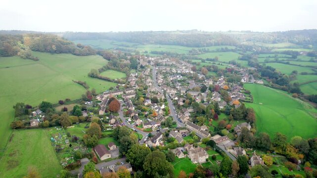 amazing aerial view Uley, Village in Cotswolds, near Dursley. Autumn Travel in United Kingdom