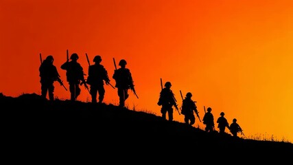 Silhouette of soldiers walking with weapons at sunset concept of army unity military operation teamwork bravery and defense under orange sky