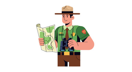 Park Ranger Illustratively Examining a Map and Binoculars on a Black Background Scene