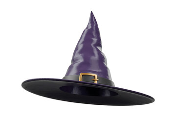Purple witch hat with a black brim and buckle, evoking Halloween and mystical themes.