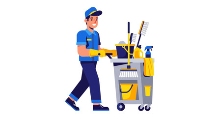 Professional Janitor Cleans Efficiently, Using Cleaning Supplies with Cart for Cleanliness