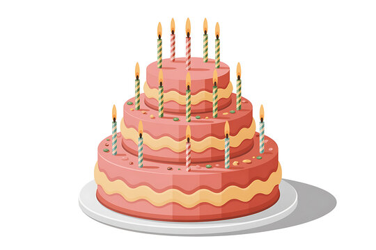A multi-tiered cake with lit candles sits on a white plate, celebrating a special occasion.