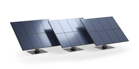 Three modern solar panels on metal stand isolated on a transparent background, 3d illustration