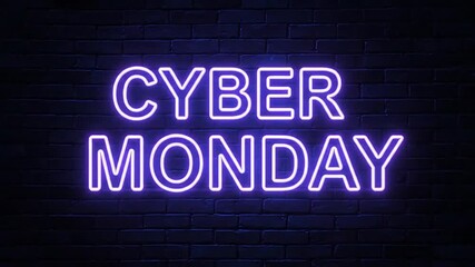 Bright neon sign glows with "Cyber Monday" text on a dark brick wall, perfect for online shopping promotions.