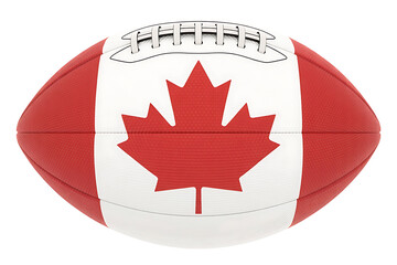 Canadian flag design on a football, representing national pride and athletic competition.