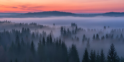 Mist-shrouded forest landscape at dawn, with rolling hills and a soft, ethereal glow.