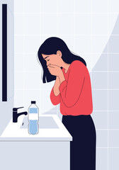 A young woman feeling unwell and reaching for a bottle of water near a sink.