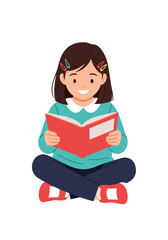 A young girl happily reads a red book while sitting cross legged.