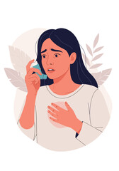 A young woman experiencing an asthma attack holds her inhaler to her mouth for relief.