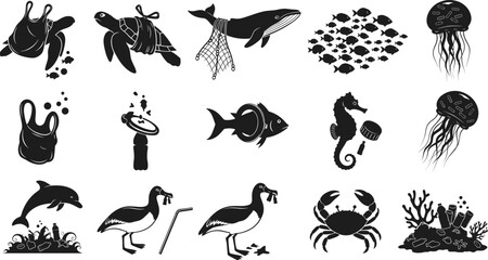 Marine Life and Plastic Threat Silhouette Set | Ocean Pollution Awareness Vector & Environmental Protection Design