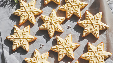 Obraz premium Golden star-shaped cookies arranged on a textured surface, evoking festive baking and holiday treats.