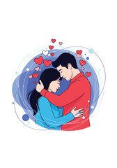 A tender embrace between two lovers surrounded by floating hearts and abstract shapes conveying romance and affection.